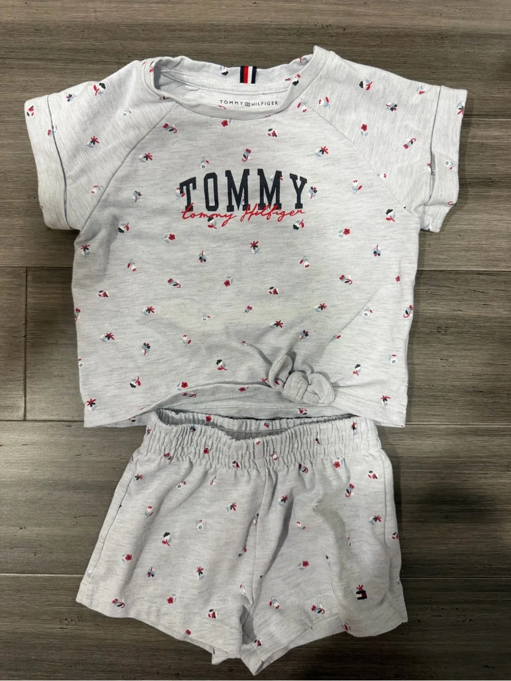 Tommy Hilfiger Gray Kids Short Set with Red & Navy Accents